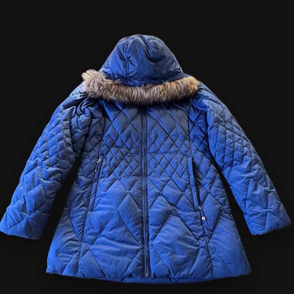 Eddie Bauer Goose Down Jacket Women Petite EX Small Blue Parka Coat Hooded Fur